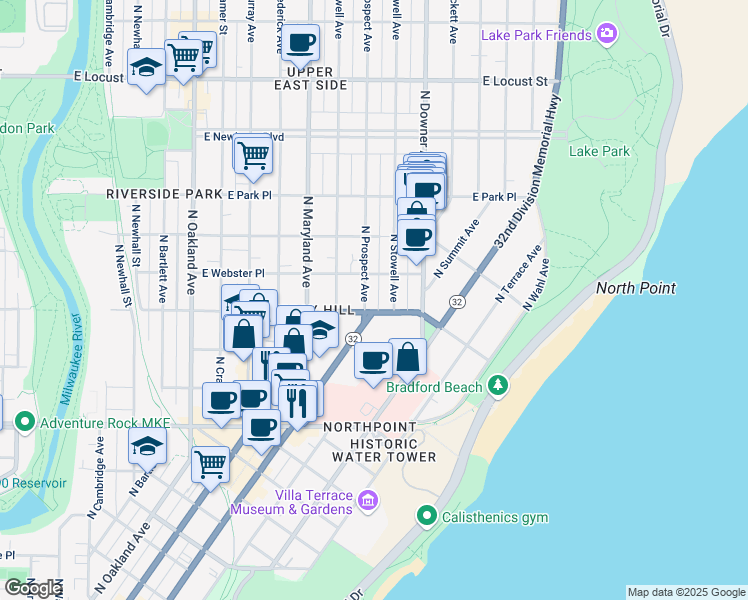 map of restaurants, bars, coffee shops, grocery stores, and more near 4124 North Prospect Avenue in Milwaukee