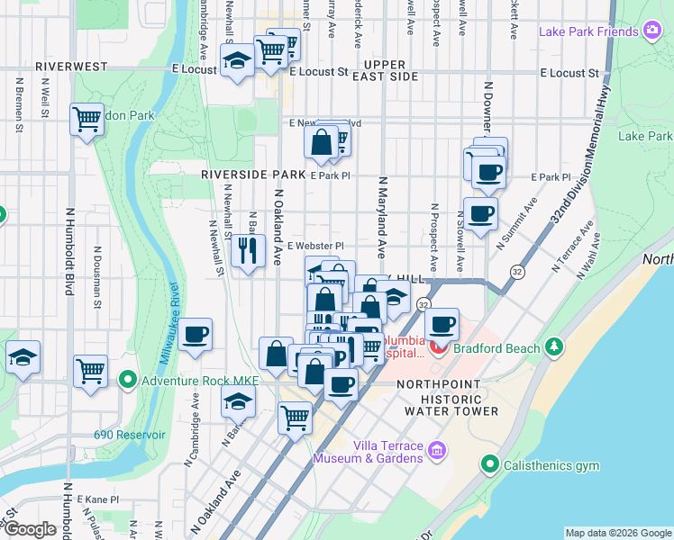 map of restaurants, bars, coffee shops, grocery stores, and more near 2510 North Murray Avenue in Milwaukee