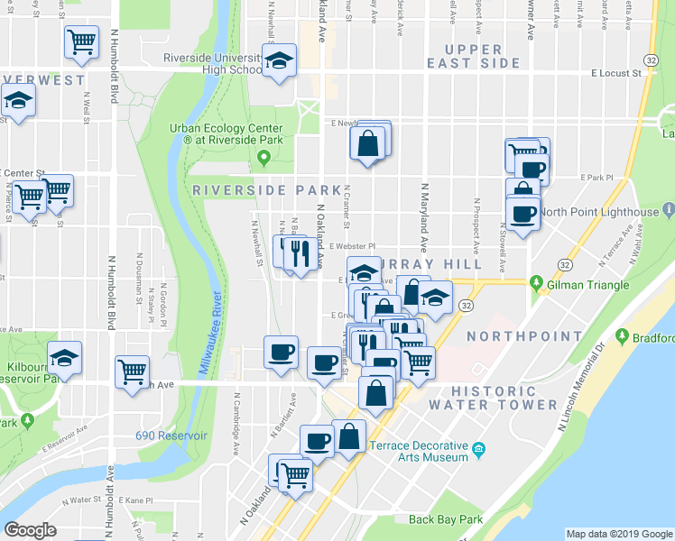 map of restaurants, bars, coffee shops, grocery stores, and more near 2490 North Cramer Street in Milwaukee