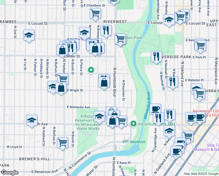 map of restaurants, bars, coffee shops, grocery stores, and more near 1013 East Wright Street in Milwaukee