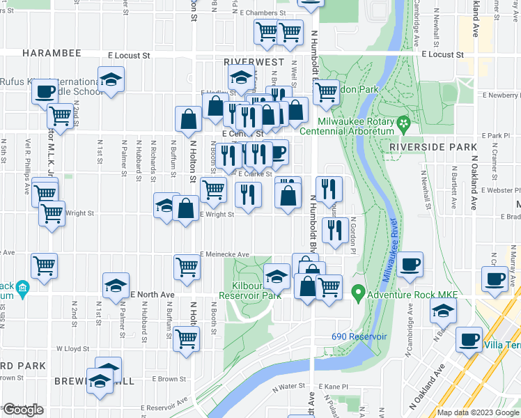 map of restaurants, bars, coffee shops, grocery stores, and more near 2466 North Fratney Street in Milwaukee