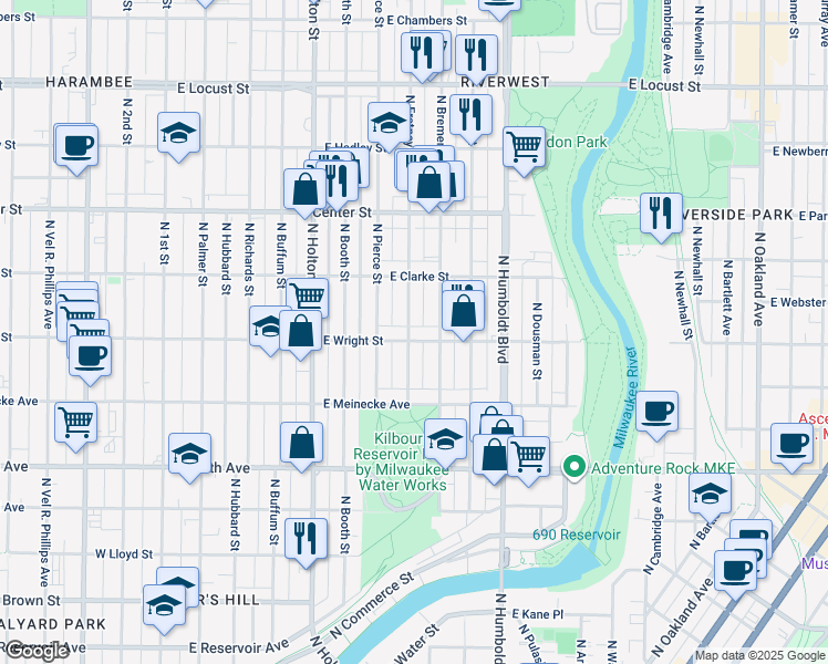 map of restaurants, bars, coffee shops, grocery stores, and more near 2466 North Fratney Street in Milwaukee