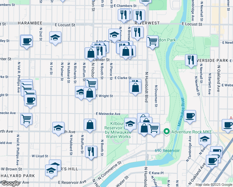 map of restaurants, bars, coffee shops, grocery stores, and more near 2466 North Fratney Street in Milwaukee
