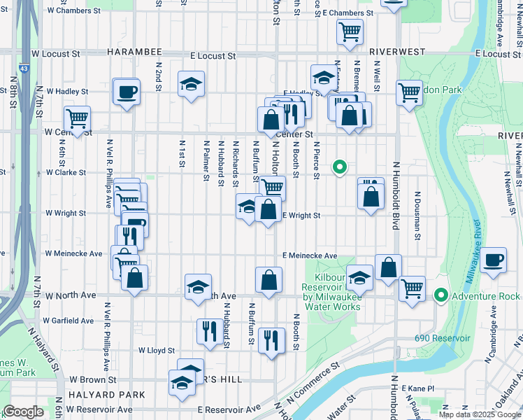 map of restaurants, bars, coffee shops, grocery stores, and more near 2469 North Holton Street in Milwaukee