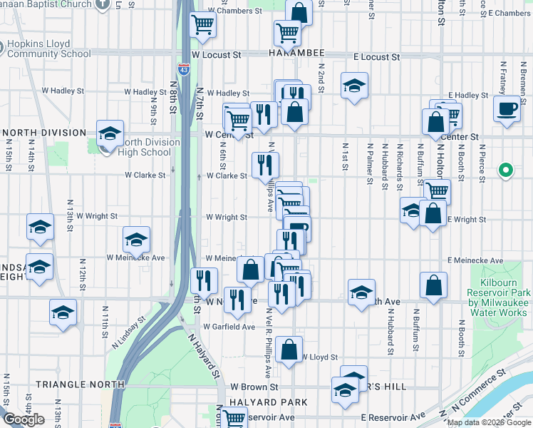 map of restaurants, bars, coffee shops, grocery stores, and more near 2464-2466 North 5th Street in Milwaukee