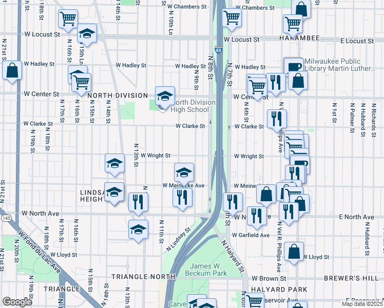 map of restaurants, bars, coffee shops, grocery stores, and more near 2456 North 9th Street in Milwaukee