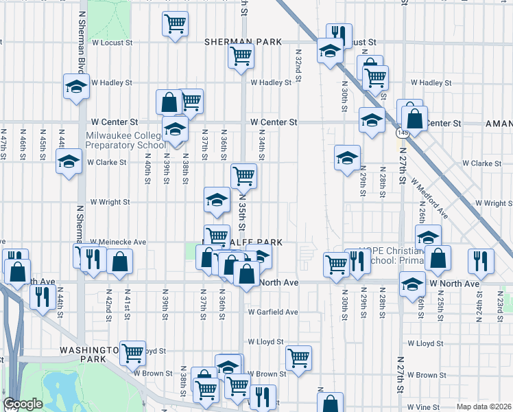 map of restaurants, bars, coffee shops, grocery stores, and more near 2450 North 35th Street in Milwaukee