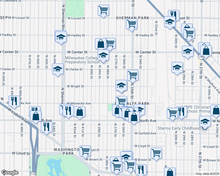map of restaurants, bars, coffee shops, grocery stores, and more near 2445 North 37th Street in Milwaukee