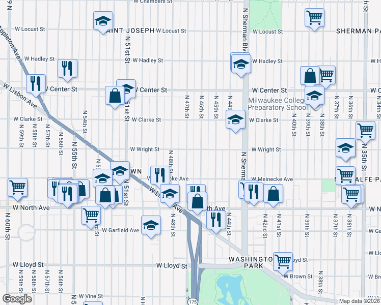 map of restaurants, bars, coffee shops, grocery stores, and more near 2446 North 47th Street in Milwaukee