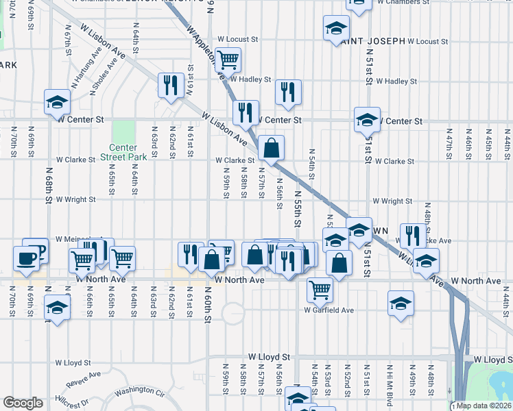 map of restaurants, bars, coffee shops, grocery stores, and more near 2444 North 57th Street in Milwaukee