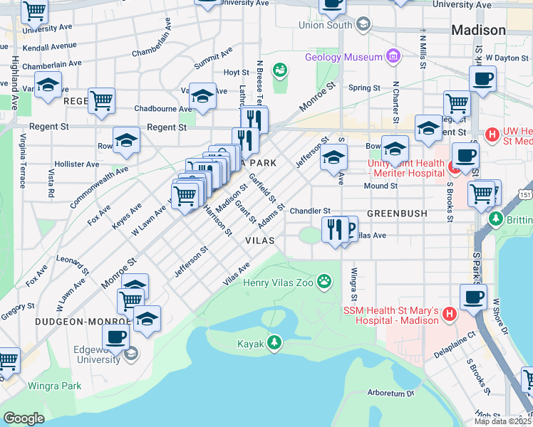 map of restaurants, bars, coffee shops, grocery stores, and more near in Madison