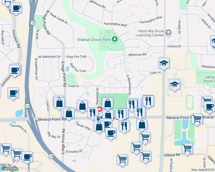 map of restaurants, bars, coffee shops, grocery stores, and more near 144 Torrey Pines Court in Madison