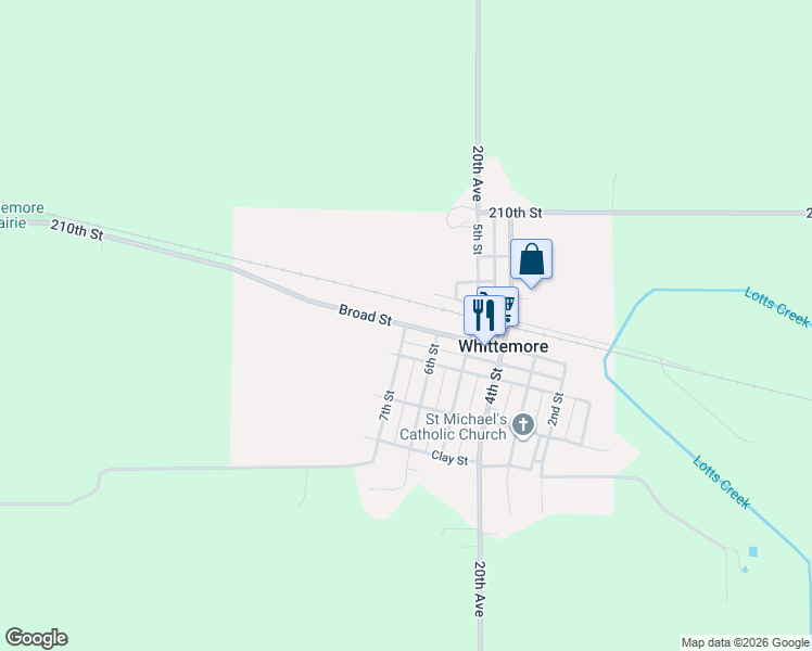 map of restaurants, bars, coffee shops, grocery stores, and more near 400 7th Street West in Whittemore