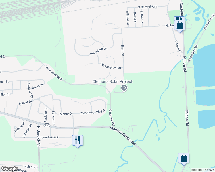 map of restaurants, bars, coffee shops, grocery stores, and more near 7415 Richmond Road East in East Syracuse