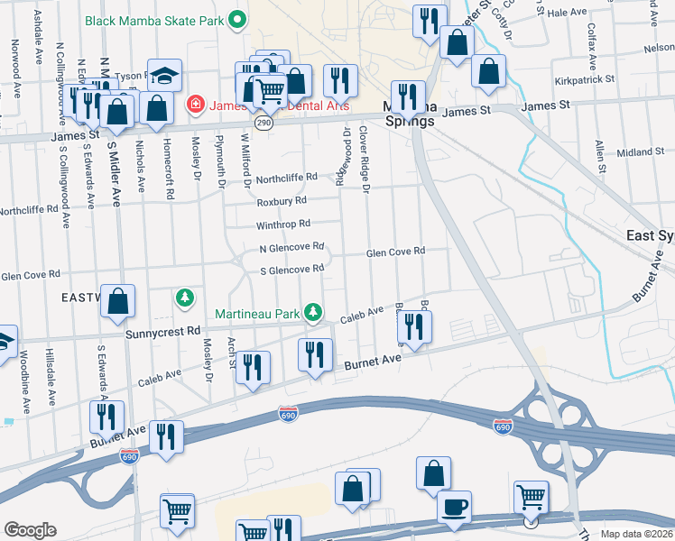 map of restaurants, bars, coffee shops, grocery stores, and more near 123 Aberdeen Terrace in Syracuse