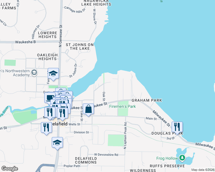 map of restaurants, bars, coffee shops, grocery stores, and more near 928 Oak Street in Delafield
