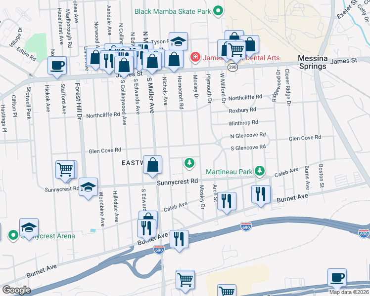map of restaurants, bars, coffee shops, grocery stores, and more near 122 Avon Road in Syracuse