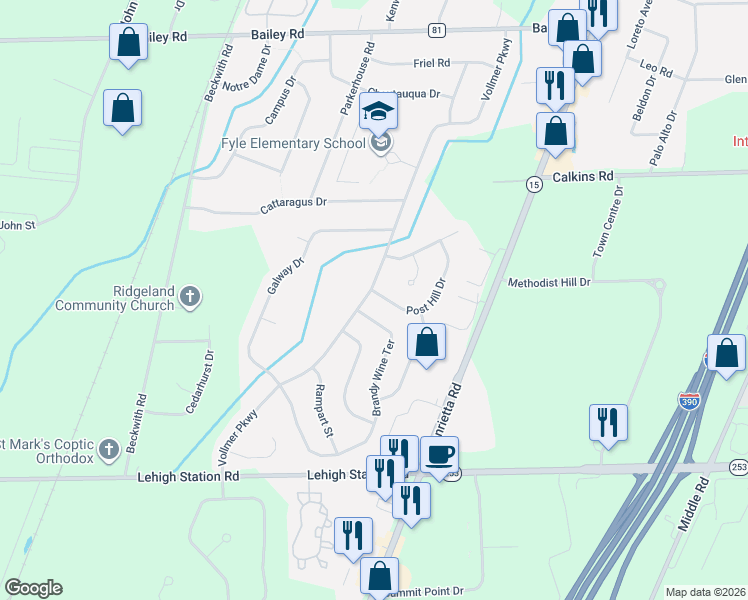 map of restaurants, bars, coffee shops, grocery stores, and more near 16 Brandy Wine Terrace South in Rochester