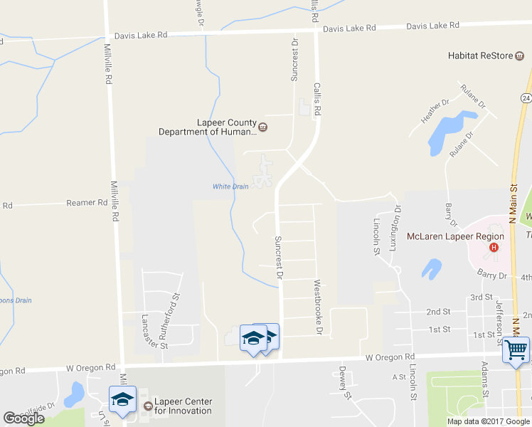 map of restaurants, bars, coffee shops, grocery stores, and more near 1801 Westmoor Drive in Lapeer
