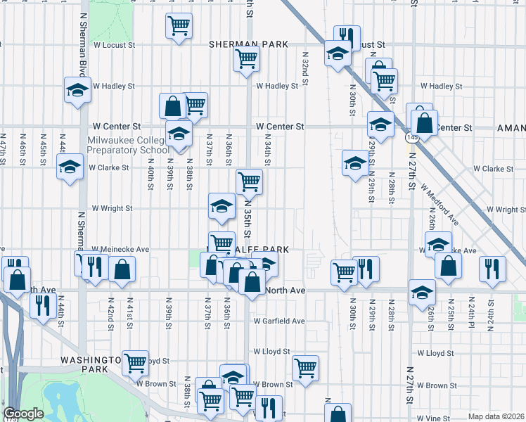 map of restaurants, bars, coffee shops, grocery stores, and more near 2450 North 35th Street in Milwaukee