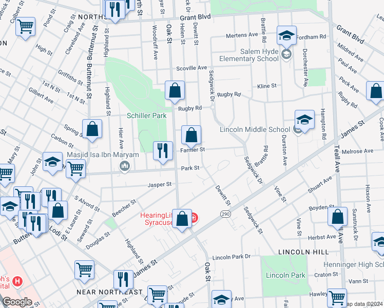 map of restaurants, bars, coffee shops, grocery stores, and more near 112 Helen Street in Syracuse