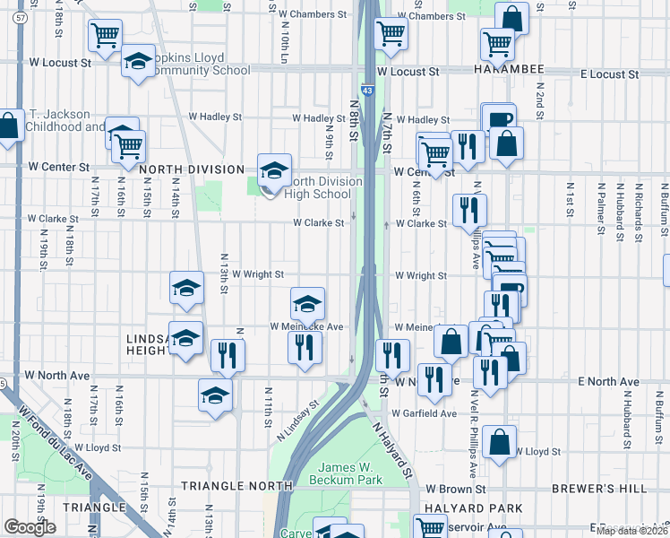 map of restaurants, bars, coffee shops, grocery stores, and more near 2456 North 9th Street in Milwaukee