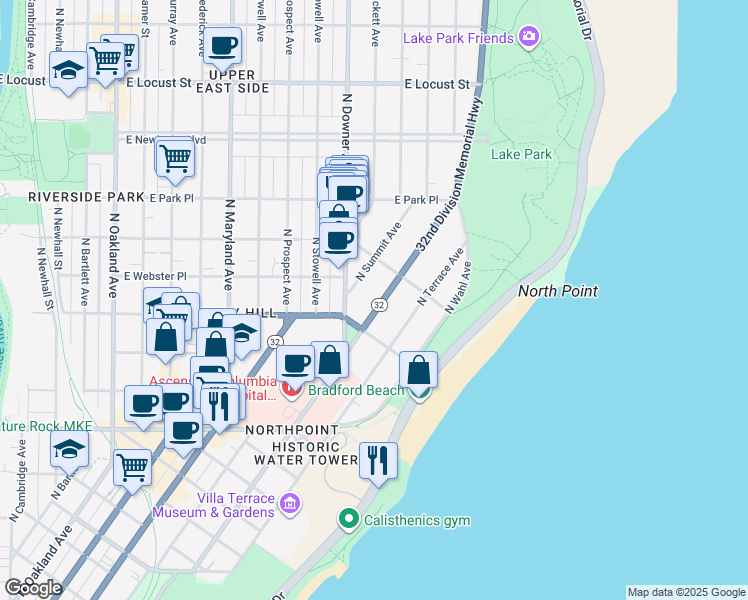 map of restaurants, bars, coffee shops, grocery stores, and more near 2541 North Lake Drive in Milwaukee
