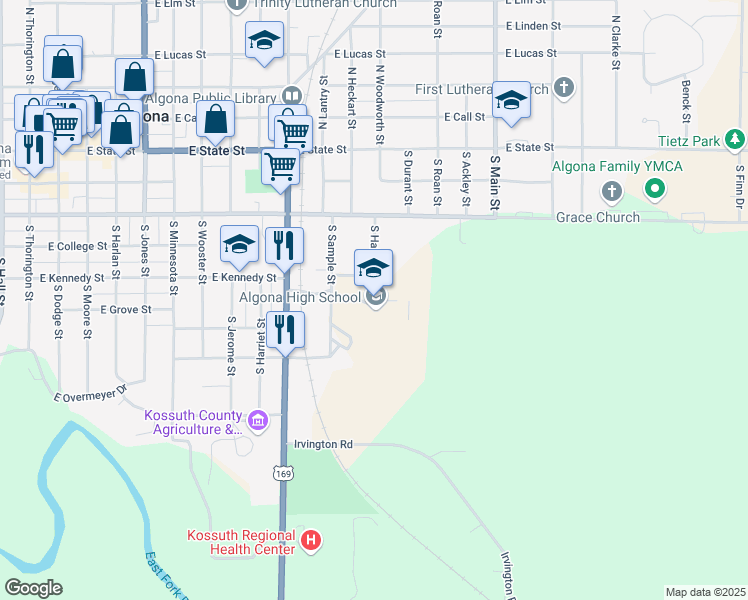 map of restaurants, bars, coffee shops, grocery stores, and more near 600 South Hale Street in Algona