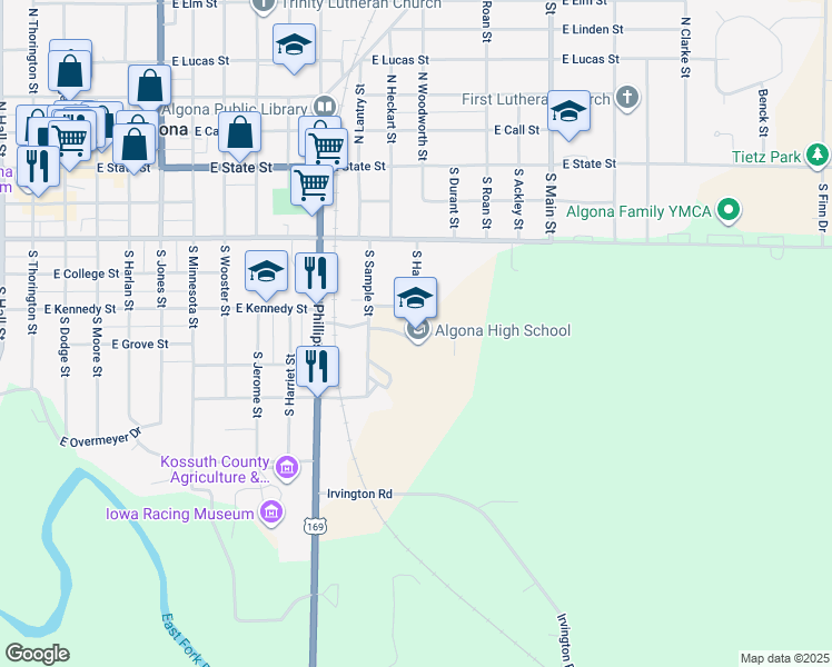 map of restaurants, bars, coffee shops, grocery stores, and more near 600 South Hale Street in Algona