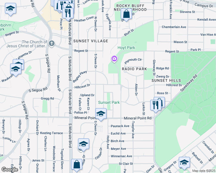 map of restaurants, bars, coffee shops, grocery stores, and more near 4129 Hillcrest Drive in Madison