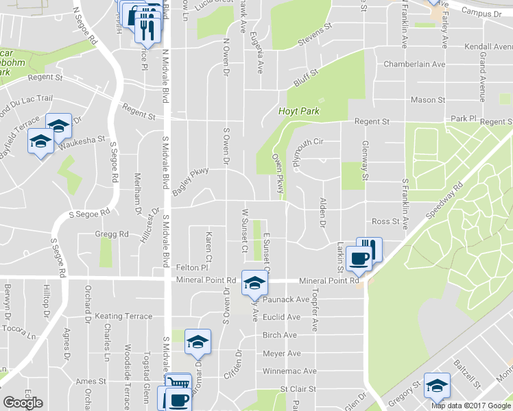 map of restaurants, bars, coffee shops, grocery stores, and more near 4129 Hillcrest Drive in Madison