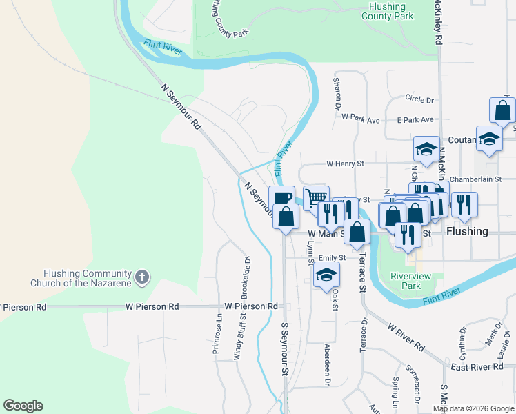 map of restaurants, bars, coffee shops, grocery stores, and more near 123 North Seymour Road in Flushing