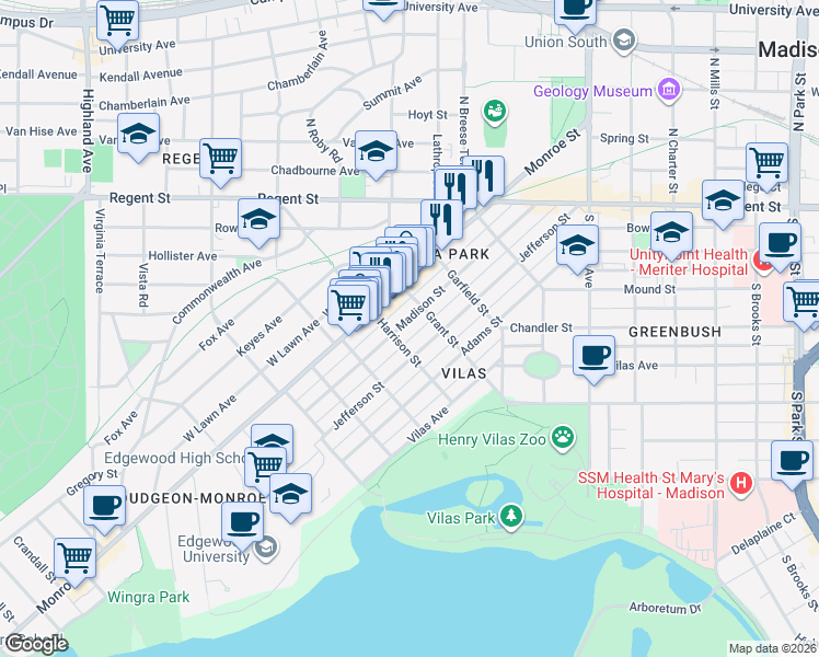 map of restaurants, bars, coffee shops, grocery stores, and more near 1904 Jefferson Street in Madison