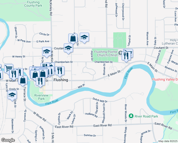 map of restaurants, bars, coffee shops, grocery stores, and more near 615 East Main Street in Flushing
