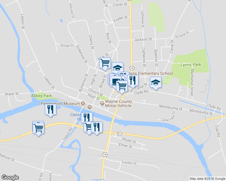 map of restaurants, bars, coffee shops, grocery stores, and more near Canal St & William St in Lyons