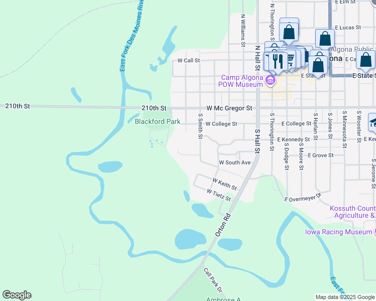 map of restaurants, bars, coffee shops, grocery stores, and more near 430 South Smith Street in Algona