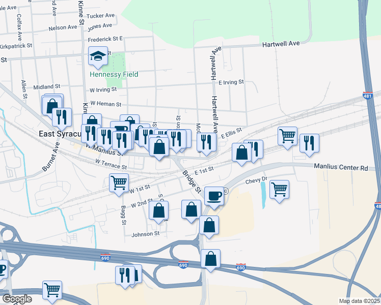 map of restaurants, bars, coffee shops, grocery stores, and more near 300 W East Manlius Street in East Syracuse