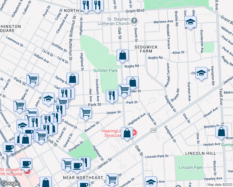 map of restaurants, bars, coffee shops, grocery stores, and more near 319 Park Street in Syracuse