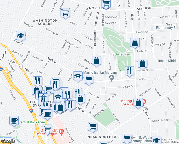 map of restaurants, bars, coffee shops, grocery stores, and more near 100 Oberst Street in Syracuse