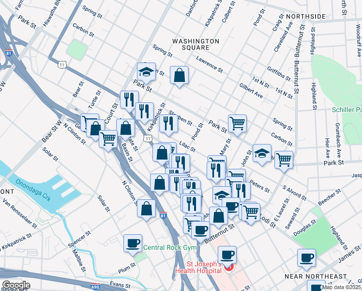 map of restaurants, bars, coffee shops, grocery stores, and more near 2000 Lodi Street in Syracuse