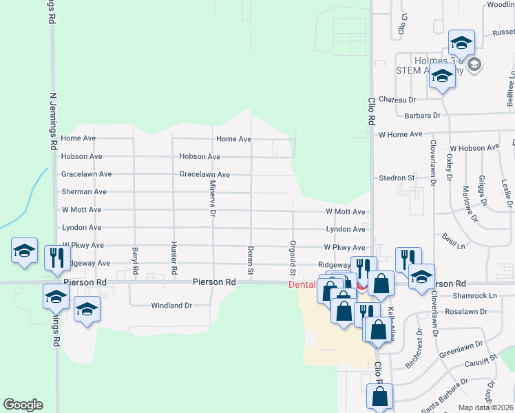 map of restaurants, bars, coffee shops, grocery stores, and more near 4102 Doran Street in Flint
