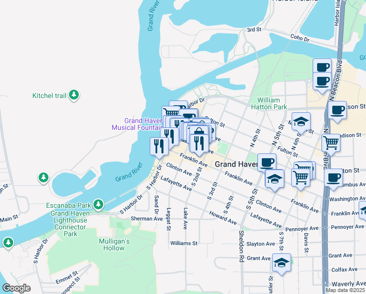 map of restaurants, bars, coffee shops, grocery stores, and more near 107 South 1st Street in Grand Haven