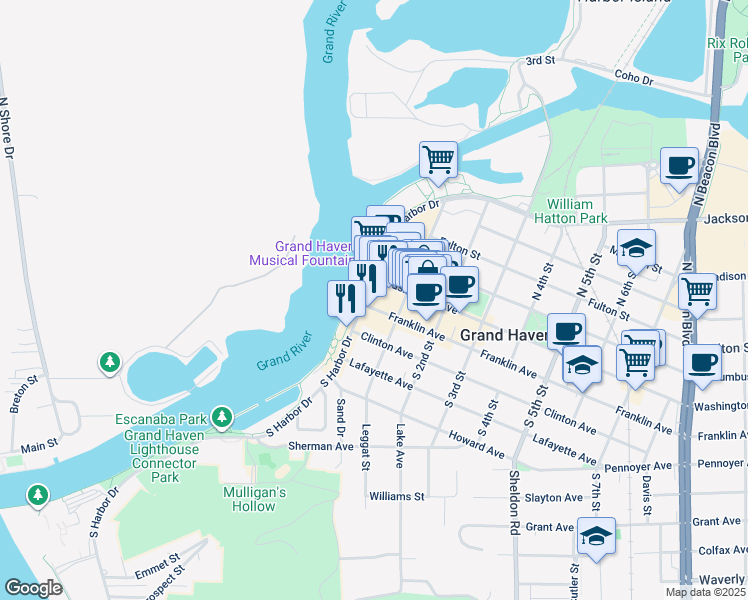 map of restaurants, bars, coffee shops, grocery stores, and more near 107 South 1st Street in Grand Haven
