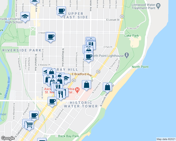 map of restaurants, bars, coffee shops, grocery stores, and more near in Milwaukee