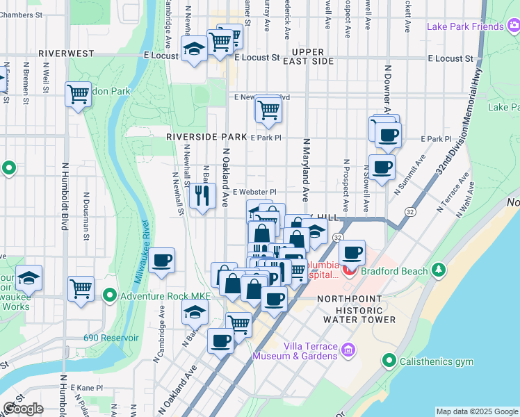 map of restaurants, bars, coffee shops, grocery stores, and more near 2490 North Cramer Street in Milwaukee