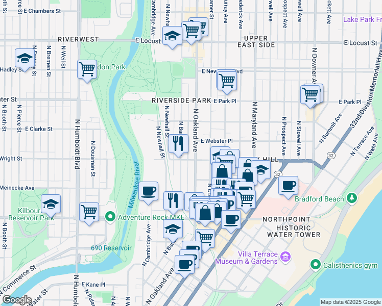 map of restaurants, bars, coffee shops, grocery stores, and more near in Milwaukee