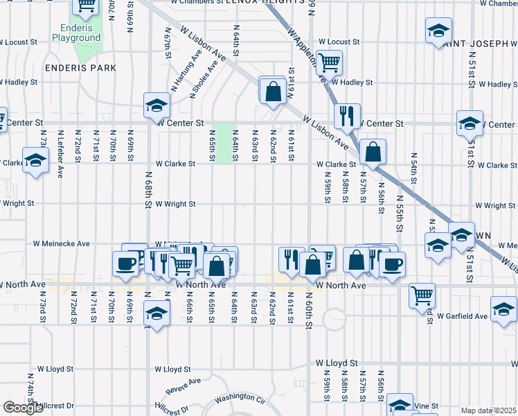 map of restaurants, bars, coffee shops, grocery stores, and more near 2447 North 62nd Street in Wauwatosa