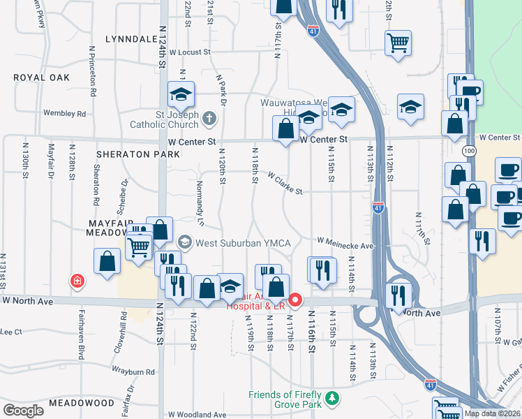 map of restaurants, bars, coffee shops, grocery stores, and more near 2416 North 118th Street in Wauwatosa