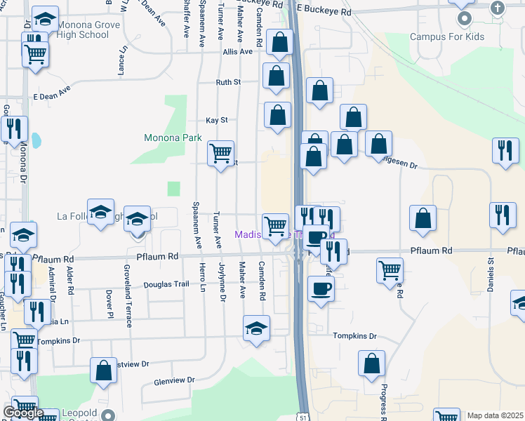 map of restaurants, bars, coffee shops, grocery stores, and more near 5210 Camden Road in Madison
