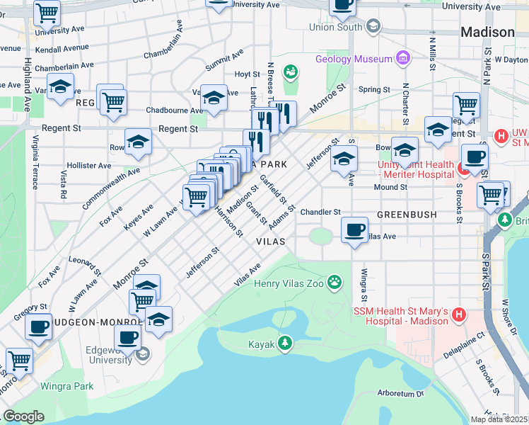 map of restaurants, bars, coffee shops, grocery stores, and more near 1809 Jefferson Street in Madison
